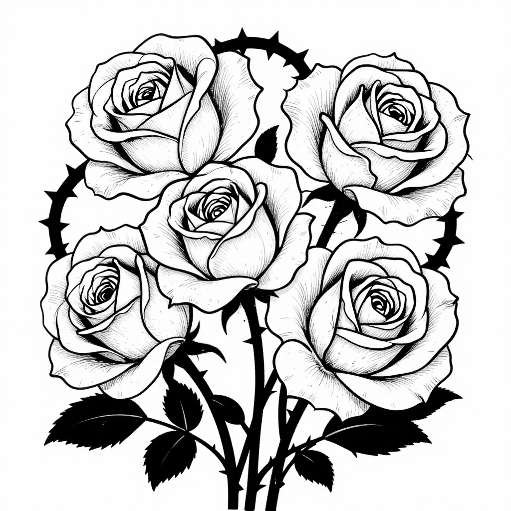A detailed black and white illustration of a cluster of roses with thorny stems and leaves, focusing on intricate linework.