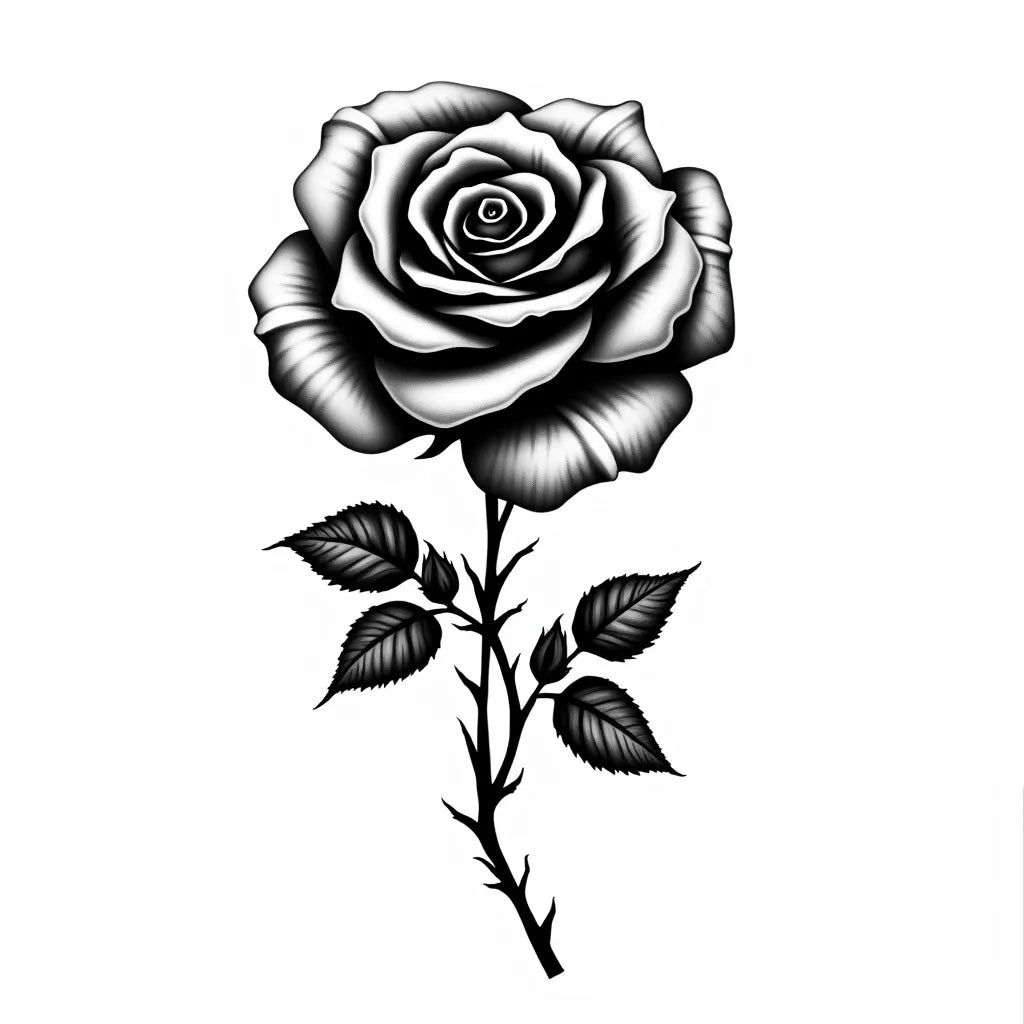 Black and white illustration of a rose with intricate shading and bold outlines.