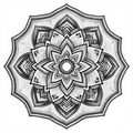 A detailed black and white mandala in dotwork style featuring intricate patterns and symmetrical design.