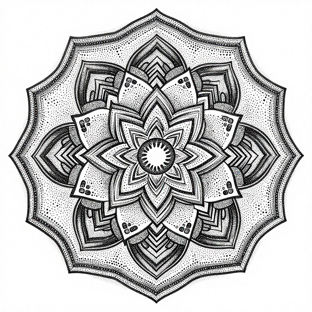A detailed black and white mandala in dotwork style featuring intricate patterns and symmetrical design.