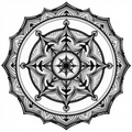 Intricate mandala design with complex geometric patterns in black and white.