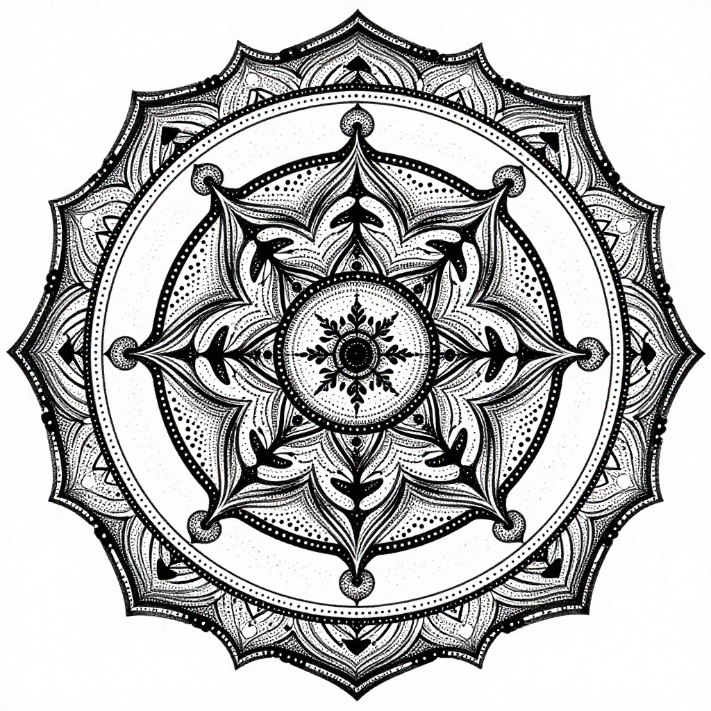 Intricate mandala design with complex geometric patterns in black and white.