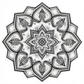 Intricate black and white mandala featuring geometric patterns and floral motifs in dotwork style.
