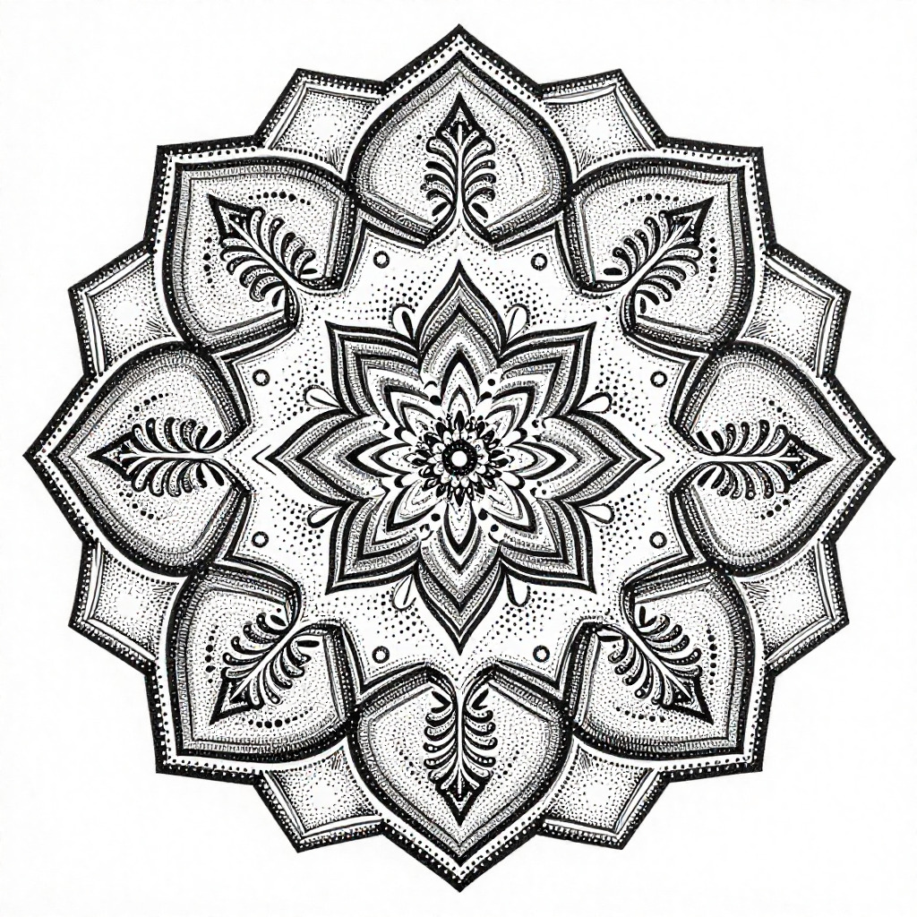 Intricate black and white mandala featuring geometric patterns and floral motifs in dotwork style.