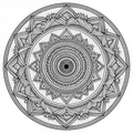 Intricate black and white mandala design featuring complex geometric patterns and symmetrical details.
