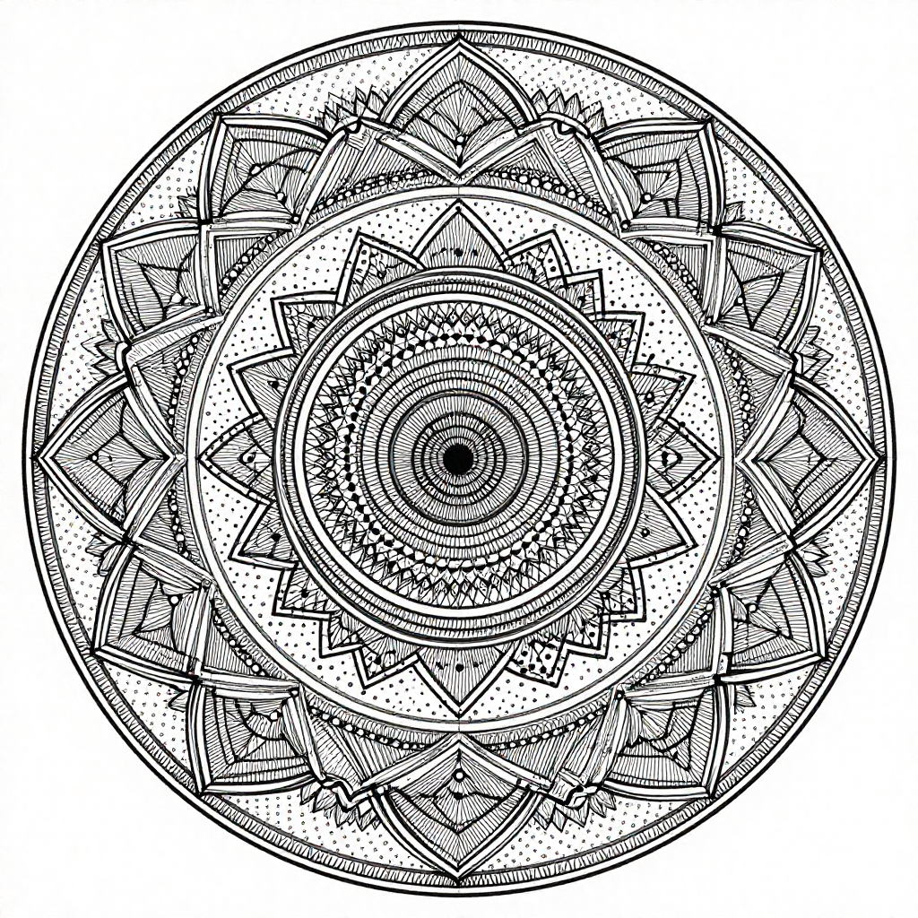 Intricate black and white mandala design featuring complex geometric patterns and symmetrical details.