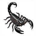 Illustration of a detailed black and white scorpion with dramatic shading and bold lines.