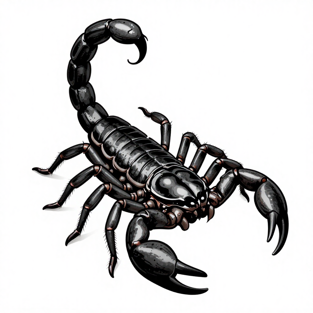 Illustration of a detailed black and white scorpion with dramatic shading and bold lines.