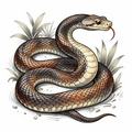 Illustrative depiction of a coiled snake with detailed scales and botanical background.