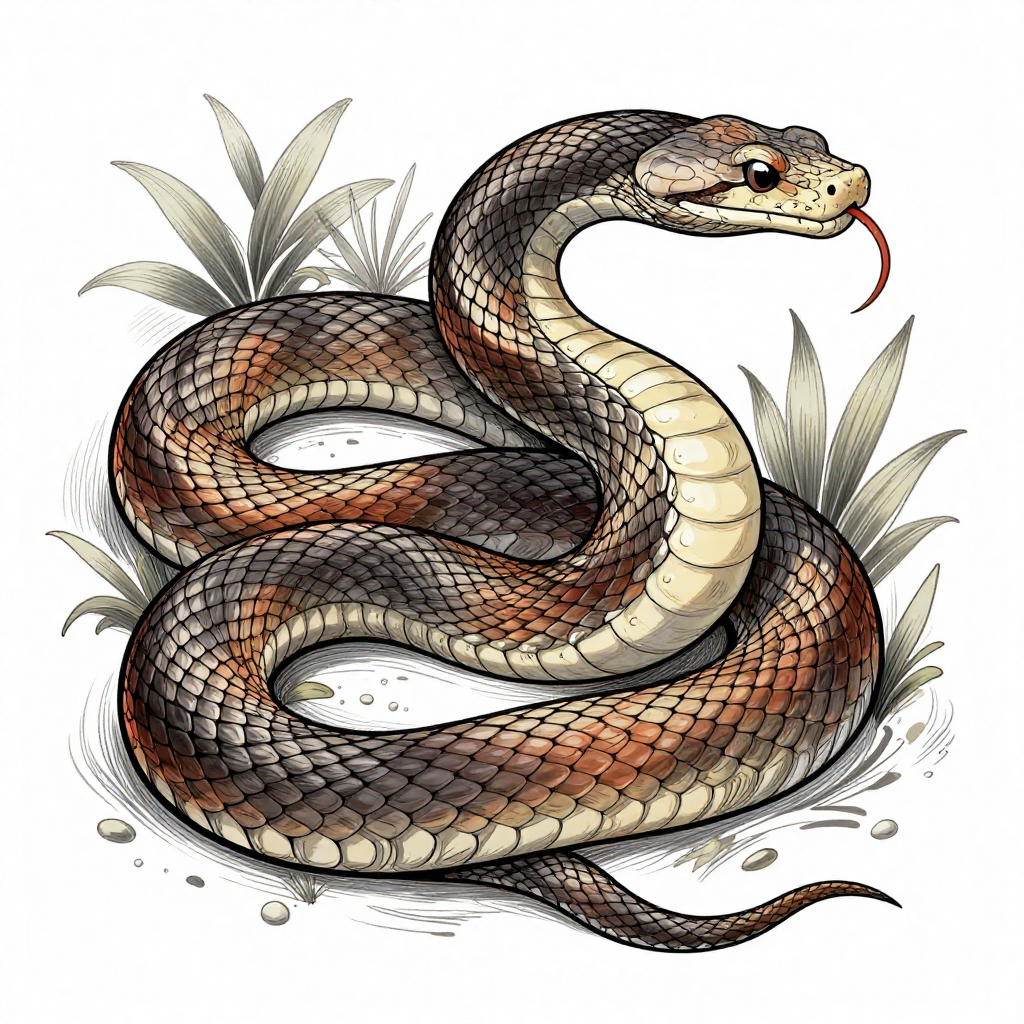 Illustrative depiction of a coiled snake with detailed scales and botanical background.