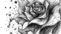 Black and white sketch of a rose with petals shattering into fragments.