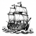 A classic sailing ship with billowing sails depicted in a black and white engraving style.