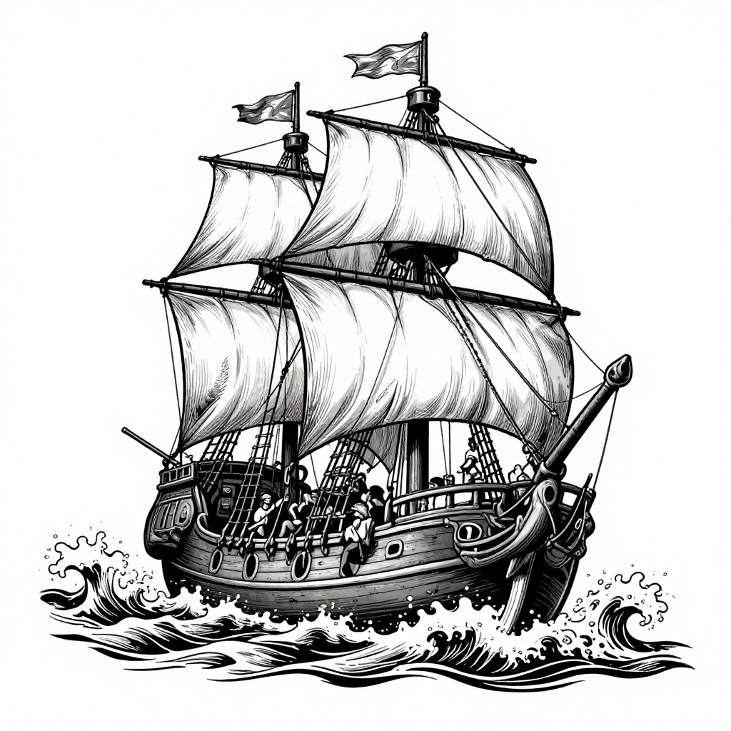A classic sailing ship with billowing sails depicted in a black and white engraving style.