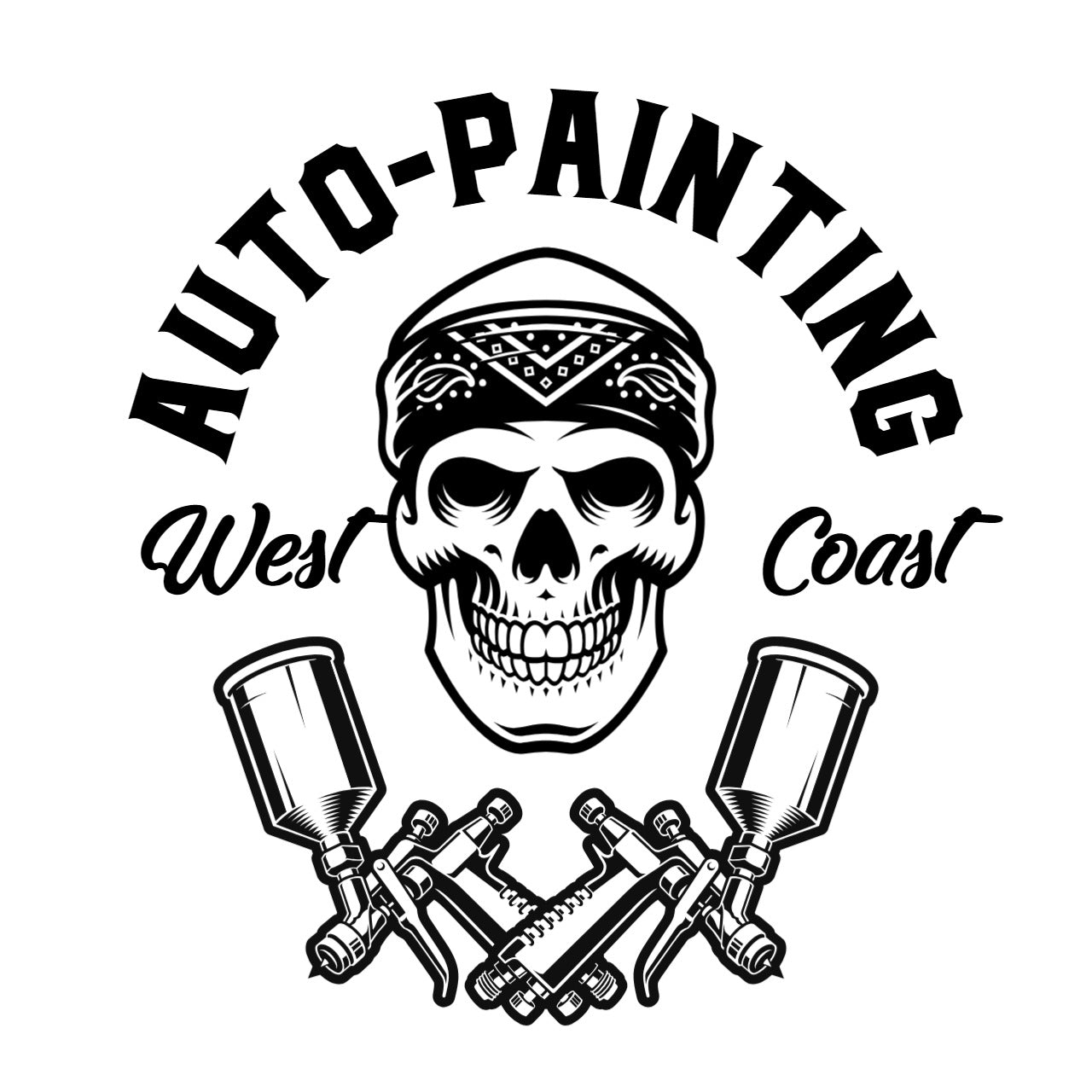 Illustration of a skull wearing a bandana with crossed spray guns beneath it, labeled 'Auto-Painting West Coast'.