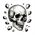 Illustration of a skull surrounded by shattered fragments in black and white.