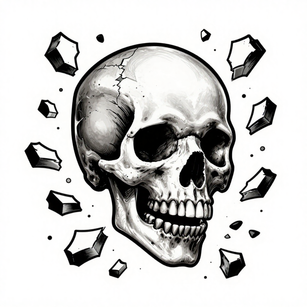 Illustration of a skull surrounded by shattered fragments in black and white.