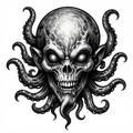 A detailed illustration of a skull with octopus tentacles emerging from it, in black and white.