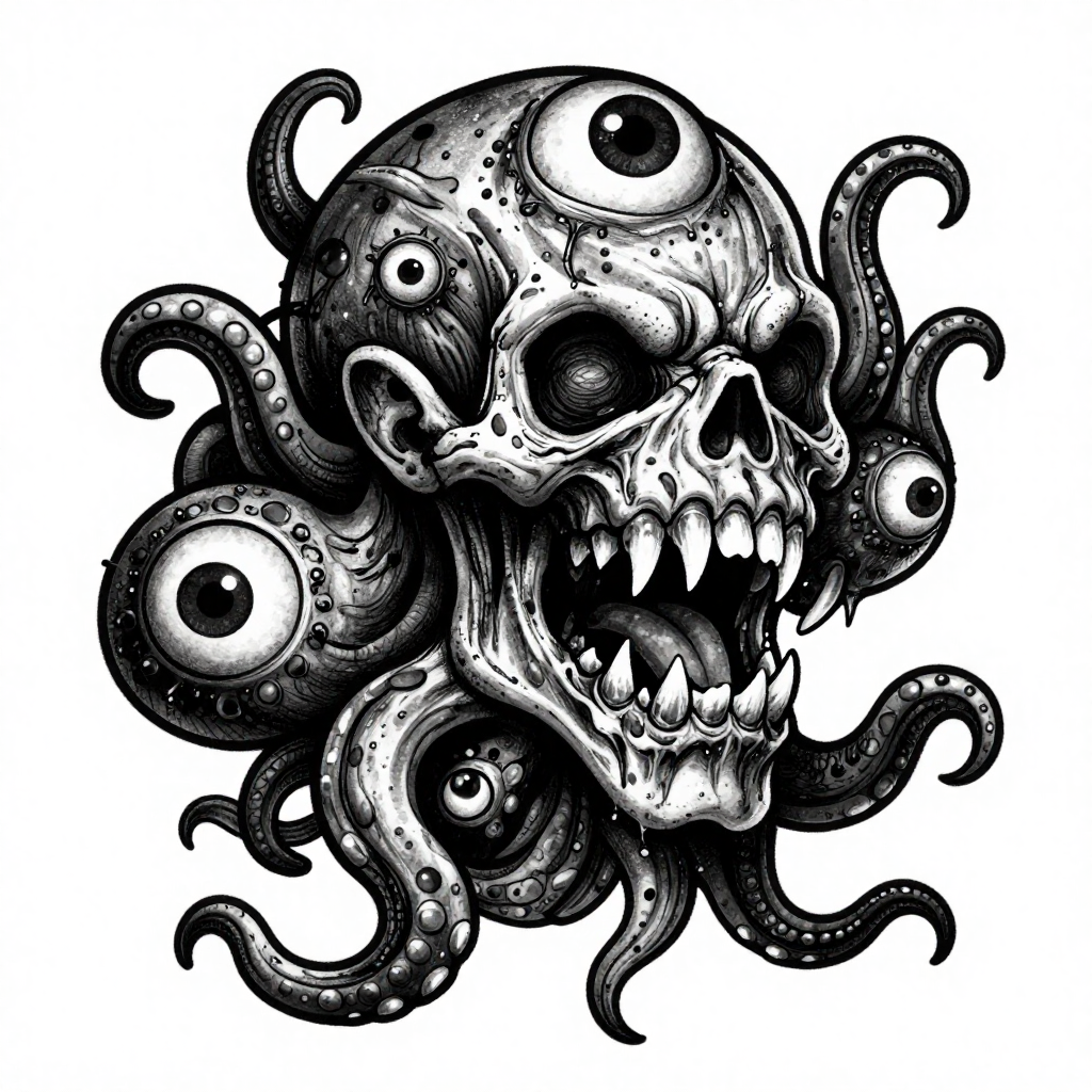 Surreal black and white illustration of a skull with tentacles and multiple eyes.