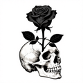 A black rose grows through a detailed skull in a monochrome gothic style.