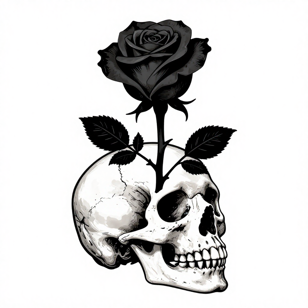 A black rose grows through a detailed skull in a monochrome gothic style.