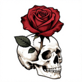 Illustration of a red rose growing from a human skull in a neo-traditional style.