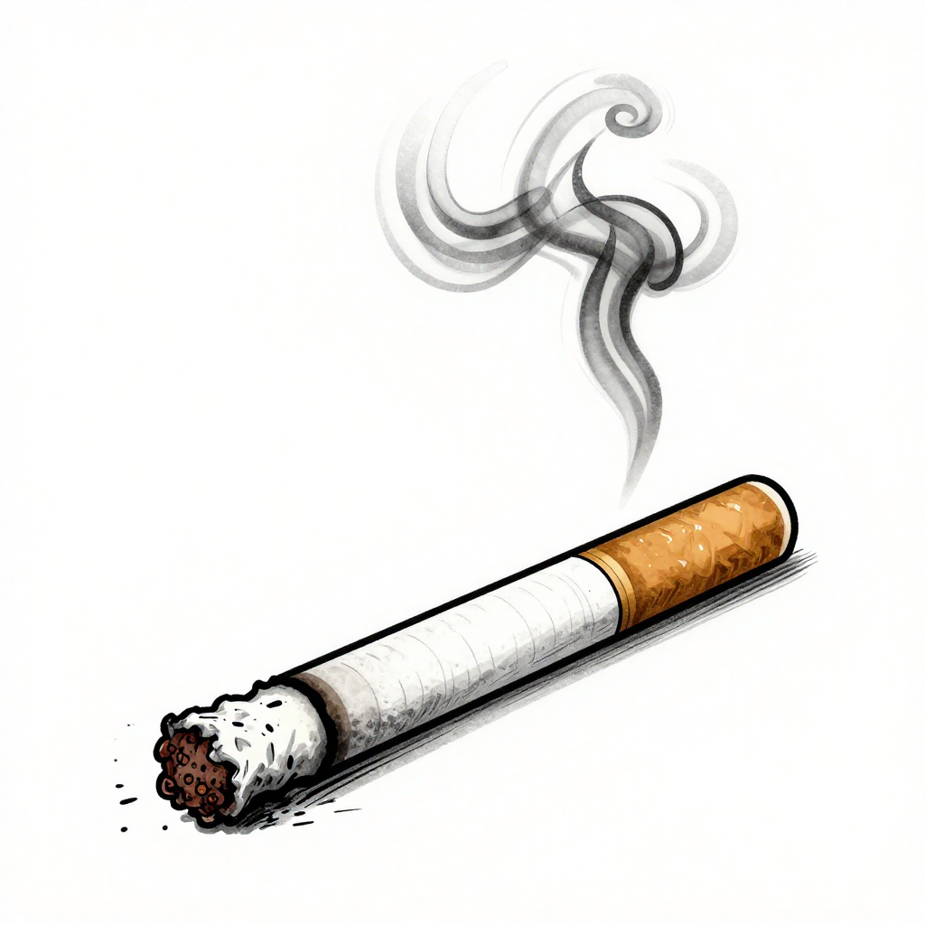 Illustration of a smoking cigarette with rising smoke in black and white.