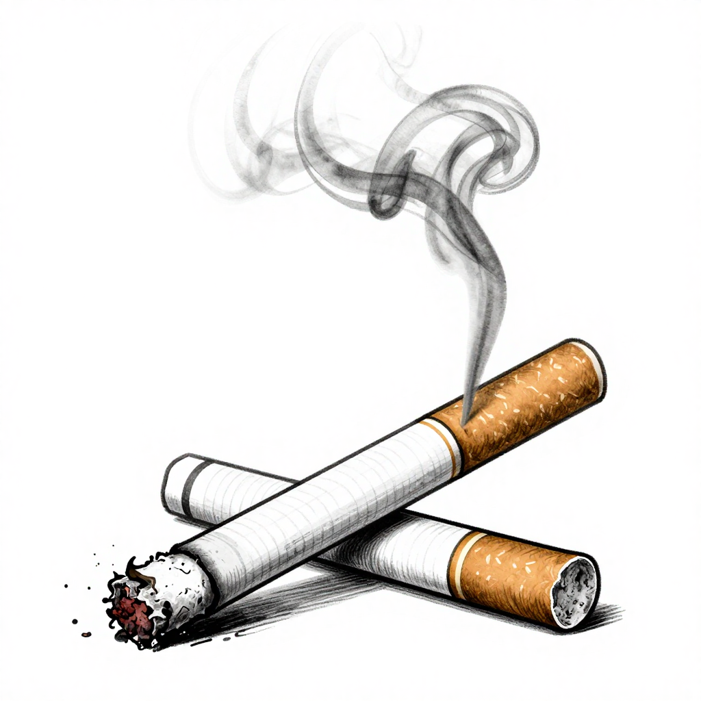 Illustration of two cigarettes, one smoking with visible ash and smoke.