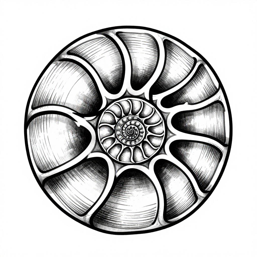 Intricate spiral shell design in black and white with engraving style.
