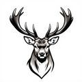 Black and white illustration of a stag's head with large antlers, depicted in a symmetrical and bold style.