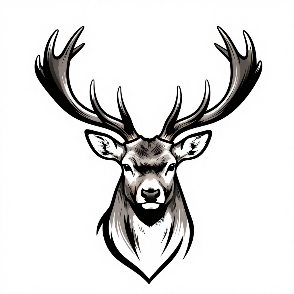 Black and white illustration of a stag's head with large antlers, depicted in a symmetrical and bold style.