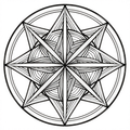Intricate black and white geometric star mandala design with symmetrical patterns.