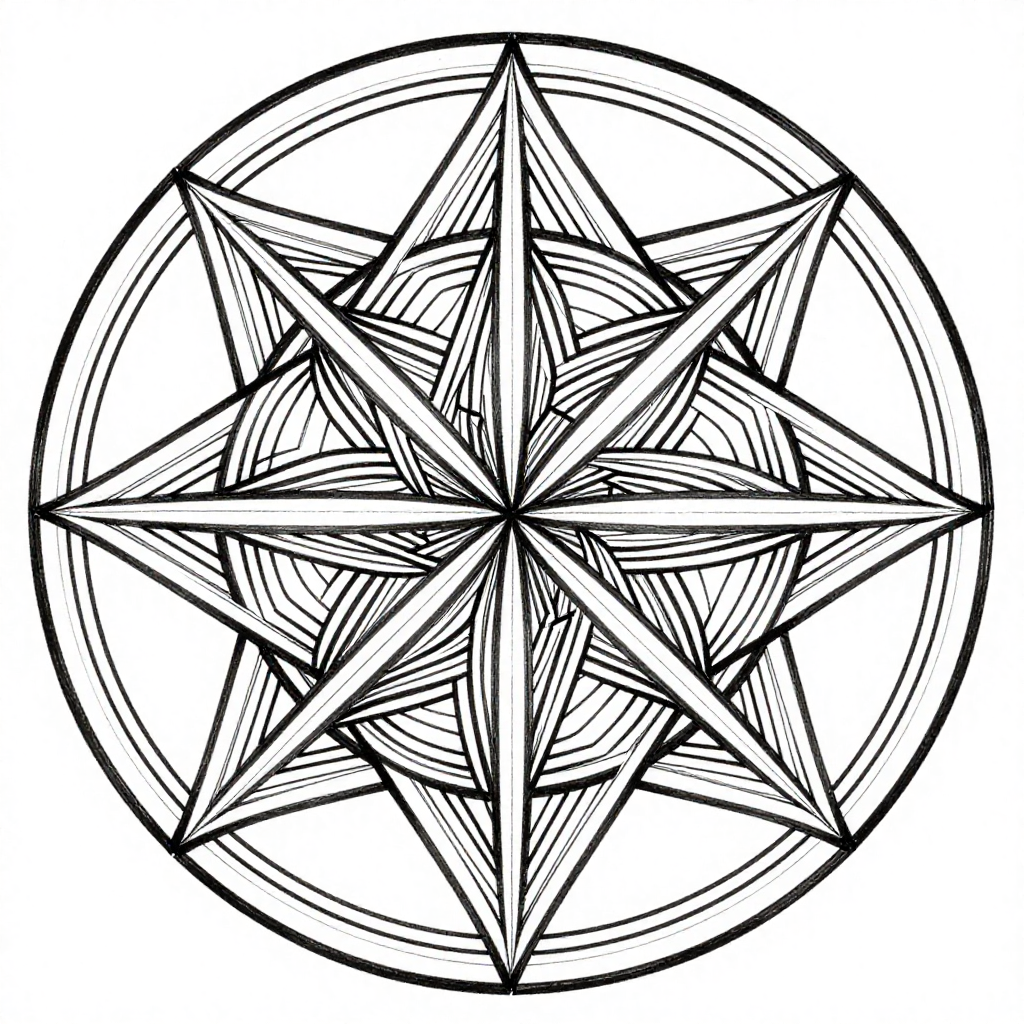 Intricate black and white geometric star mandala design with symmetrical patterns.