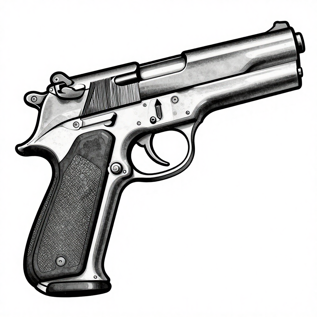 Black and white illustration of a handgun showcasing detailed mechanical features.