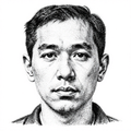 A stipple portrait of a person with a calm expression rendered in black and white using pointillism technique.