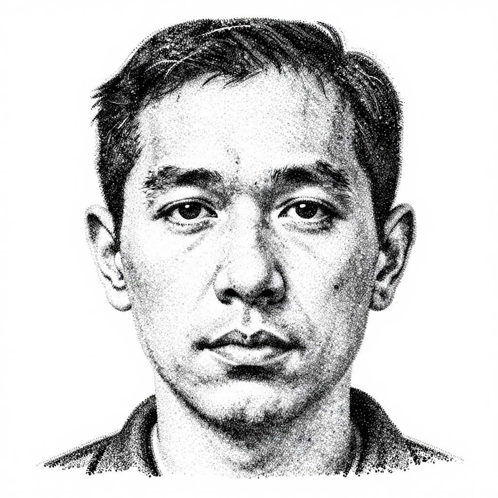 A stipple portrait of a person with a calm expression rendered in black and white using pointillism technique.