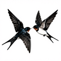 Two swallows facing each other mid-flight in a minimalist black and white design.