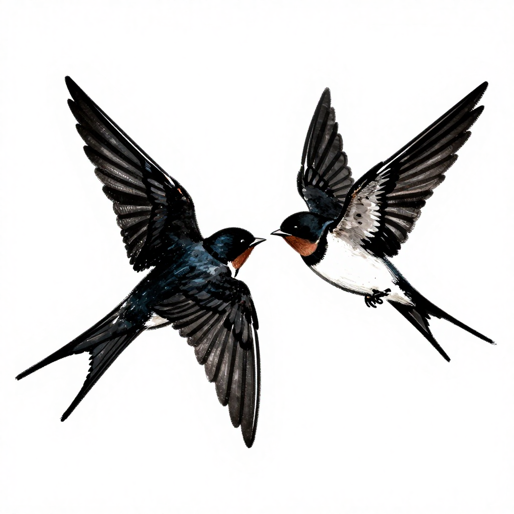 Two swallows facing each other mid-flight in a minimalist black and white design.