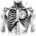 Illustration of a human rib cage with a vintage pocket watch at its center in black and white.