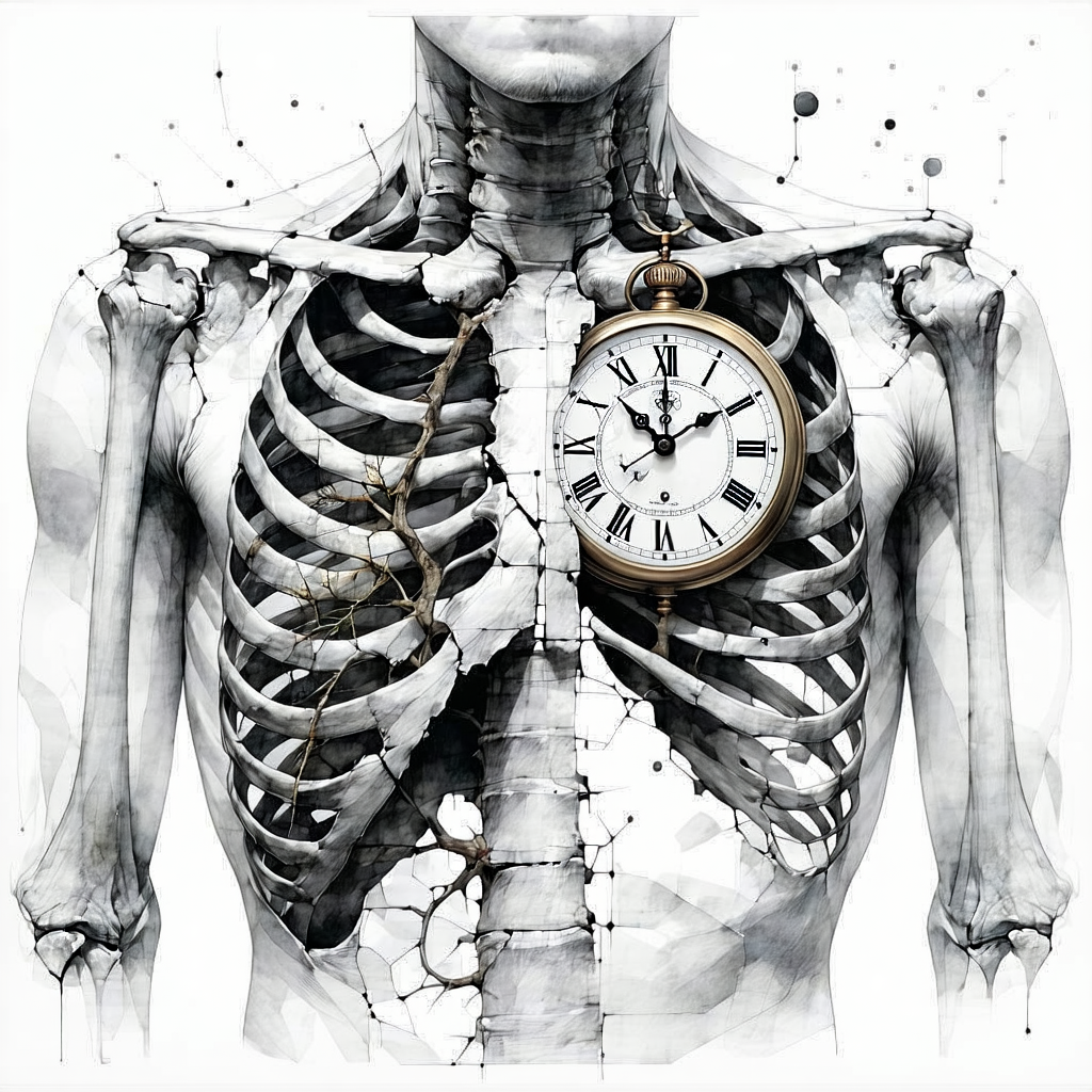 Illustration of a human rib cage with a vintage pocket watch at its center in black and white.