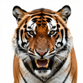 Close-up view of a tiger's face showing a fierce expression with sharp teeth and piercing eyes.