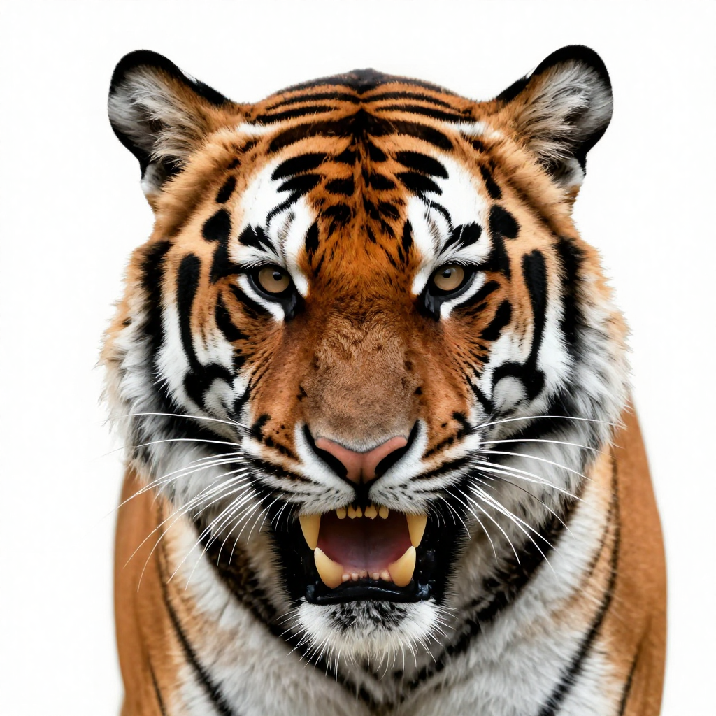 Close-up view of a tiger's face showing a fierce expression with sharp teeth and piercing eyes.