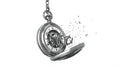A surreal illustration of a pocket watch exploding with gears floating in black and white.