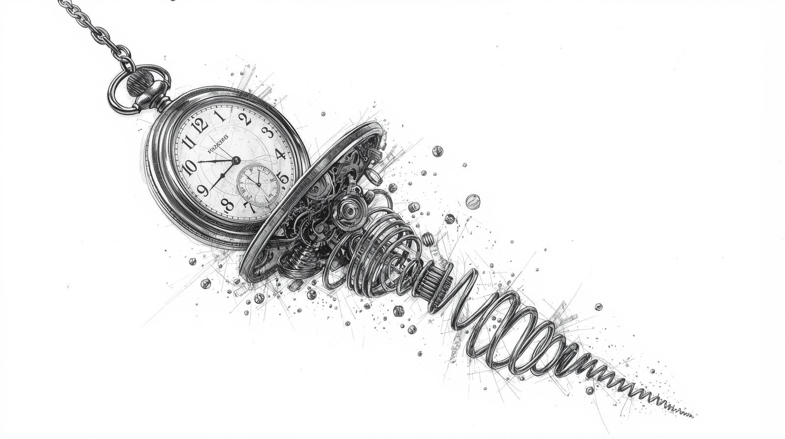 Steampunk pocket watch with gears and springs spiraling outward, illustrating time unraveling.