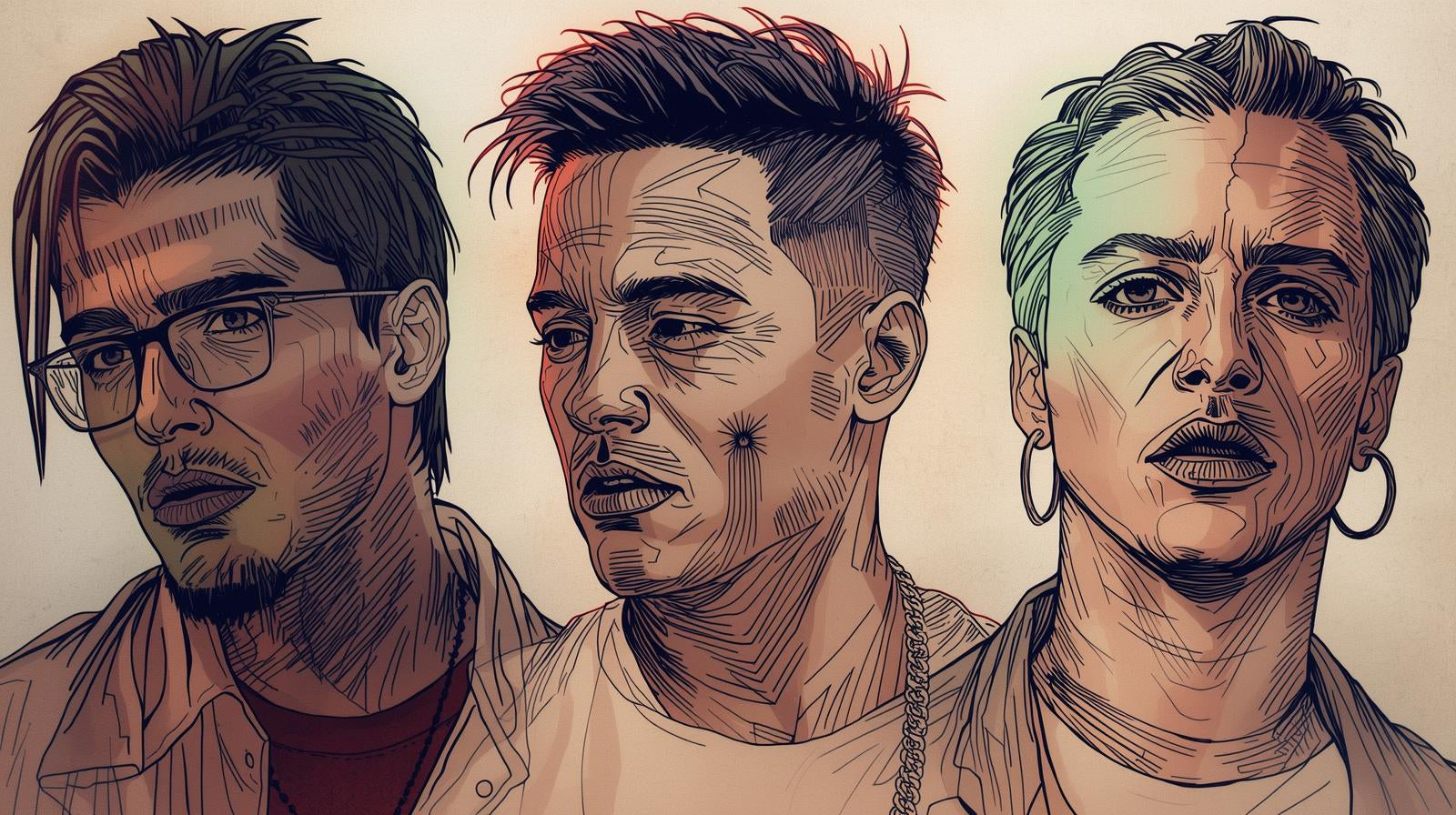 Illustration of three expressive faces with intricate linework and vibrant colors in a modern style.