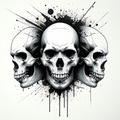 Three detailed skulls with ink splatters in black and white art style.