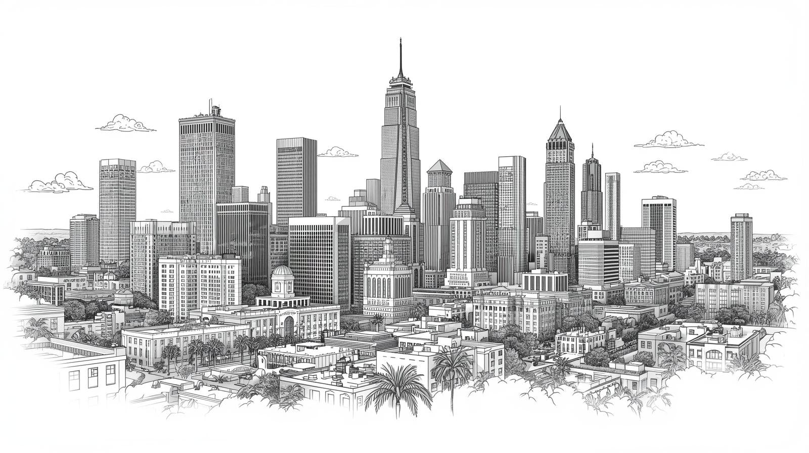 Detailed black and white sketch of a city skyline with various skyscrapers and buildings.