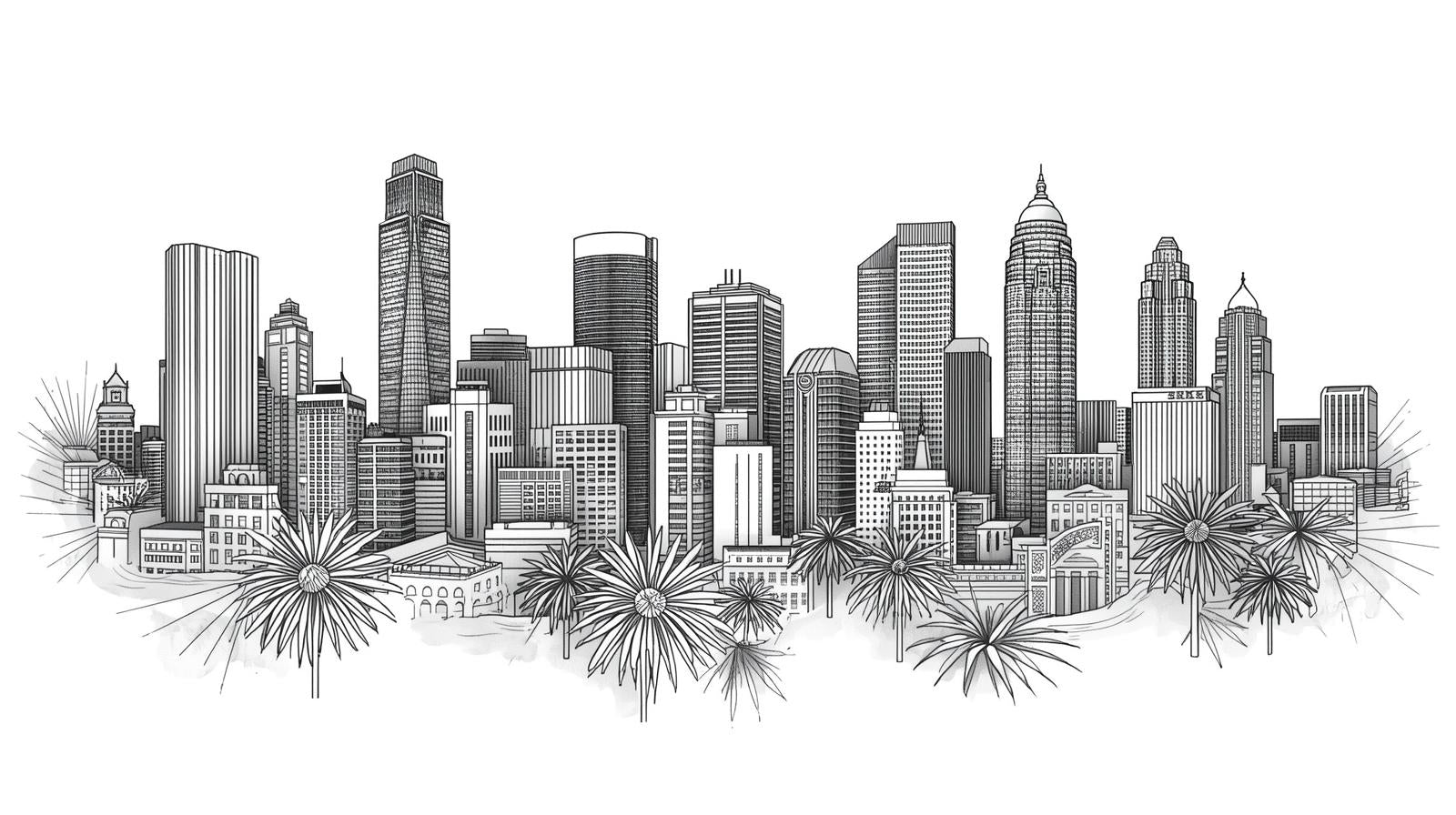 Black and white sketch of an urban skyline with skyscrapers and palm trees.