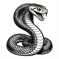Black and white image of a coiled snake with fierce expression and intricate scales in neo-traditional style.