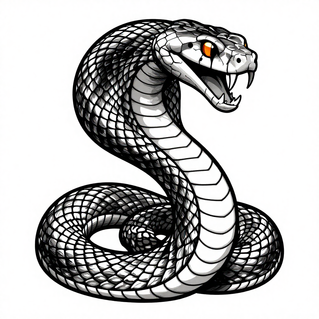 Black and white image of a coiled snake with fierce expression and intricate scales in neo-traditional style.
