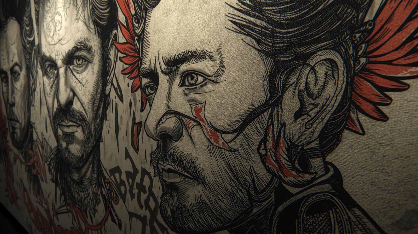 Illustration of male faces in side profile with intense expressions and bold linework.